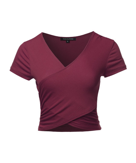 Women's Solid Wrap Front Short Sleeve V-neck Ruched Top