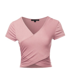 Women's Solid Wrap Front Short Sleeve V-neck Ruched Top