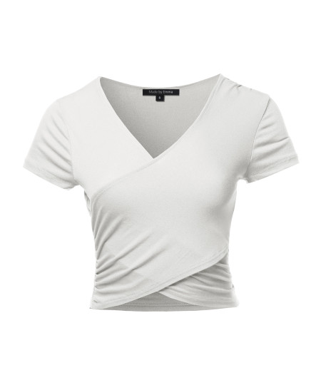 Women's Solid Wrap Front Short Sleeve V-neck Ruched Top