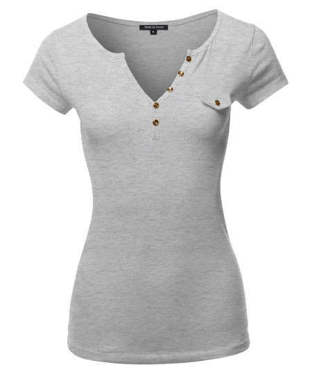 Women's Fitted Henley Shirt with Faux Pocket Flap and Gold Buttons
