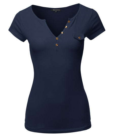 Women's Fitted Henley Shirt with Faux Pocket Flap and Gold Buttons