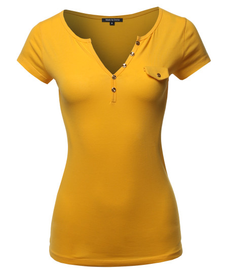 Women's Fitted Henley Shirt with Faux Pocket Flap and Gold Buttons