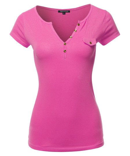 Women's Fitted Henley Shirt with Faux Pocket Flap and Gold Buttons