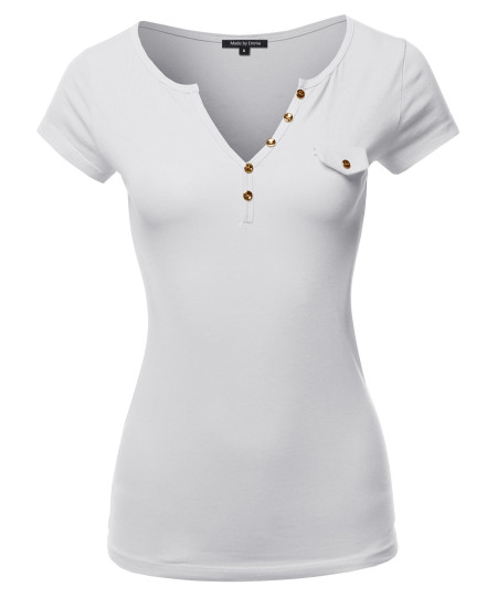 Women's Fitted Henley Shirt with Faux Pocket Flap and Gold Buttons