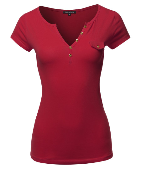 Women's Fitted Henley Shirt with Faux Pocket Flap and Gold Buttons