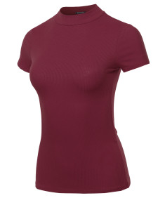 Women's Solid Stretch Ribbed Short Sleeve Mock Turtle Neck Top 