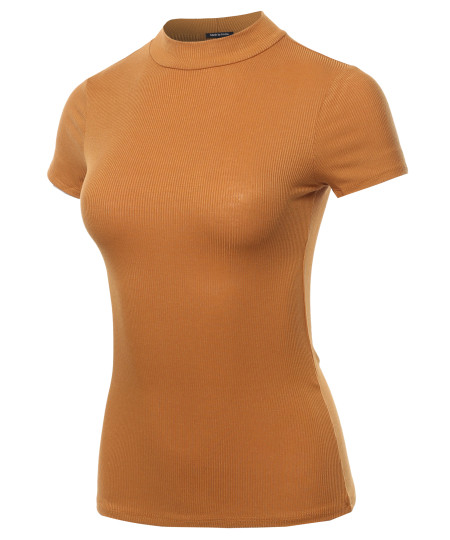 Women's Solid Stretch Ribbed Short Sleeve Mock Turtle Neck Top 