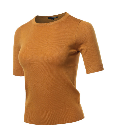 Women's Classic Solid Round Neck Short Sleeve Knit  Sweater Top