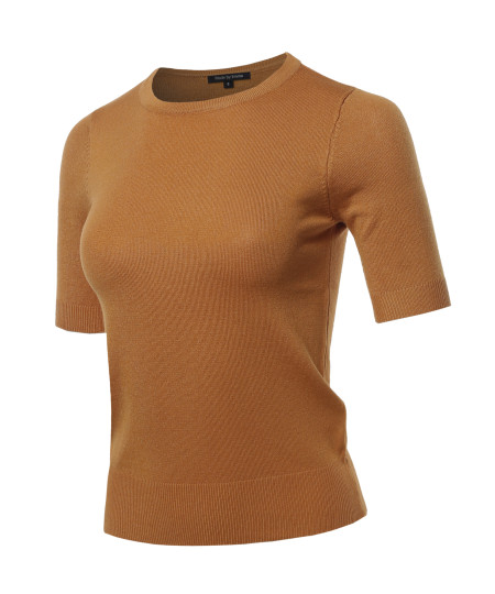 Women's Classic Solid Round Neck Short Sleeve Knit  Sweater Top