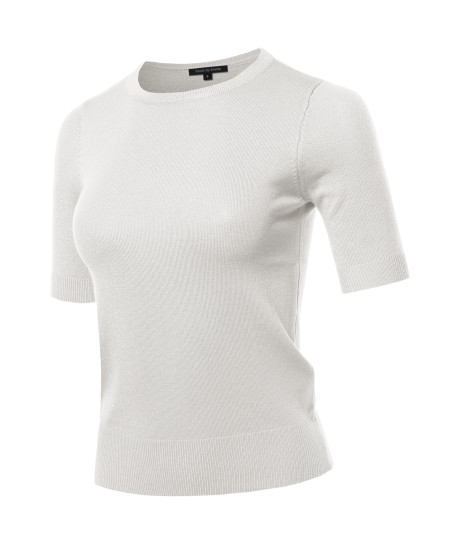 Women's Classic Solid Round Neck Short Sleeve Knit  Sweater Top