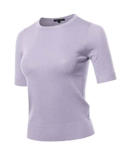 Women's Classic Solid Round Neck Short Sleeve Knit  Sweater Top