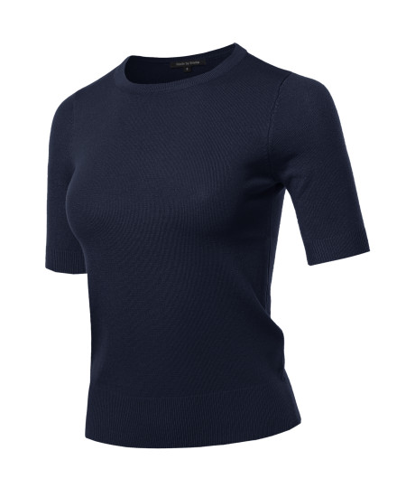 Women's Classic Solid Round Neck Short Sleeve Knit  Sweater Top