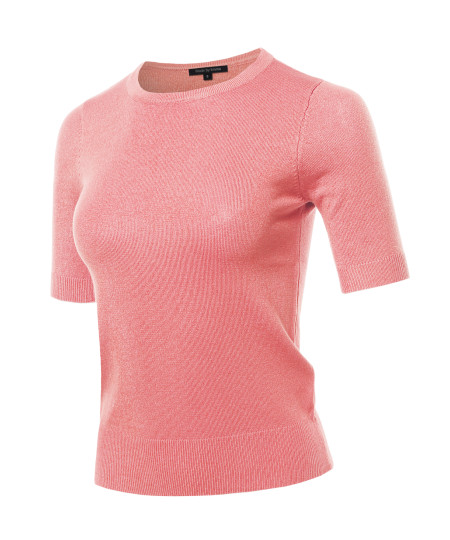 Women's Classic Solid Round Neck Short Sleeve Knit  Sweater Top