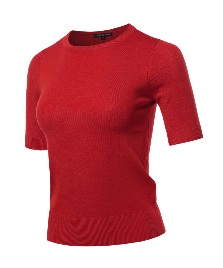 Women's Classic Solid Round Neck Short Sleeve Knit  Sweater Top