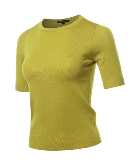 Women's Classic Solid Round Neck Short Sleeve Knit  Sweater Top