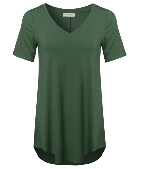 Women's Daily Basic Premium Rayon Short Sleeve High-Low Hem V-Neck T shirts