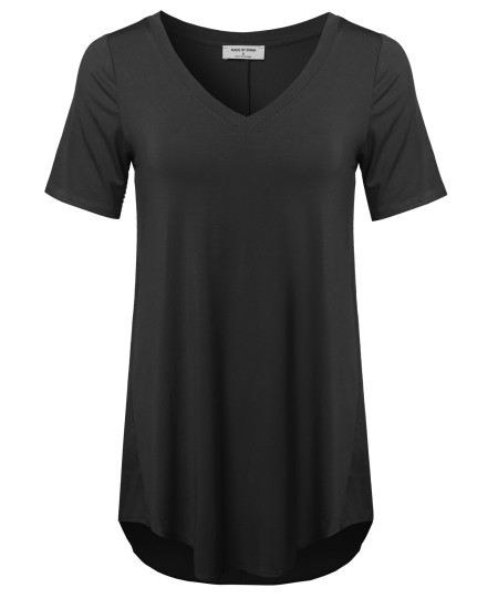 Women's Daily Basic Premium Rayon Short Sleeve High-Low Hem V-Neck T shirts