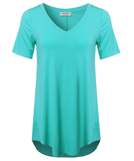 Women's Daily Basic Premium Rayon Short Sleeve High-Low Hem V-Neck T shirts