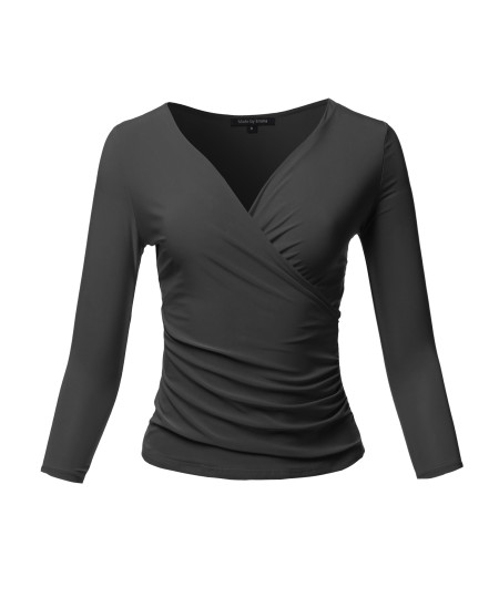 Women's Casual V Neck 3/4 Sleeve Cross Wrap Sexy Ruched Shirt Top