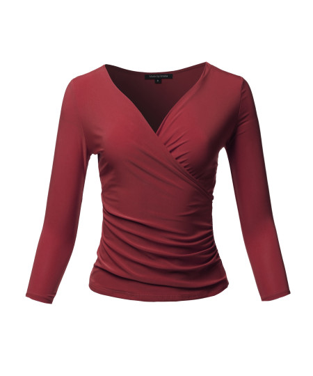 Women's Casual V Neck 3/4 Sleeve Cross Wrap Sexy Ruched Shirt Top