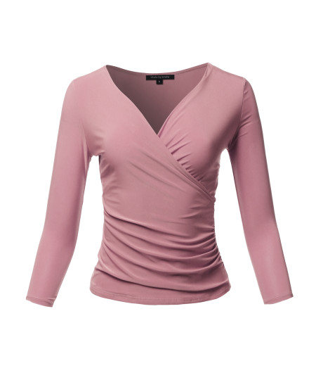 Women's Casual V Neck 3/4 Sleeve Cross Wrap Sexy Ruched Shirt Top