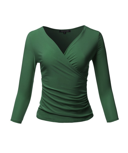 Women's Casual V Neck 3/4 Sleeve Cross Wrap Sexy Ruched Shirt Top
