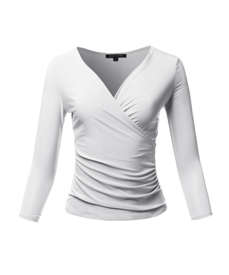 Women's Casual V Neck 3/4 Sleeve Cross Wrap Sexy Ruched Shirt Top