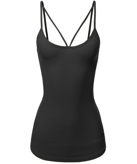 Women's Solid Cotton Based Front V-Line Spaghetti Strap Cami Tank Top