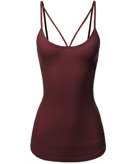 Women's Solid Cotton Based Front V-Line Spaghetti Strap Cami Tank Top