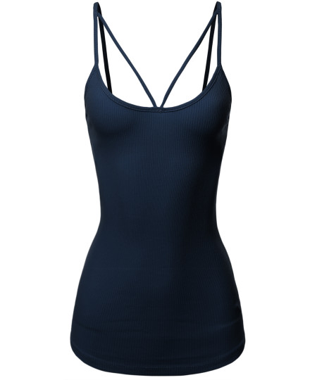 Women's Solid Cotton Based Front V-Line Spaghetti Strap Cami Tank Top