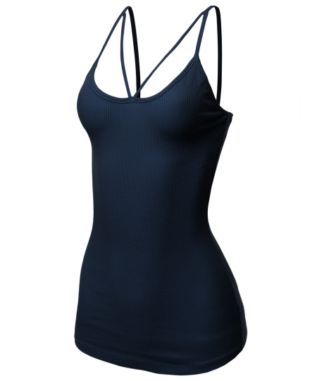 Women's Solid Cotton Based Front V-Line Spaghetti Strap Cami Tank Top