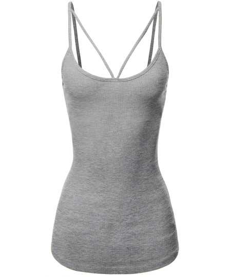 Women's Solid Cotton Based Front V-Line Spaghetti Strap Cami Tank Top