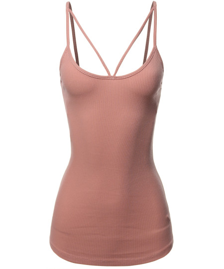 Women's Solid Cotton Based Front V-Line Spaghetti Strap Cami Tank Top