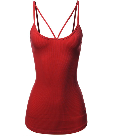 Women's Solid Cotton Based Front V-Line Spaghetti Strap Cami Tank Top