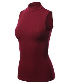 Women's Solid Stretch Ribbed Sleeveless Mock Turtle Neck Top 