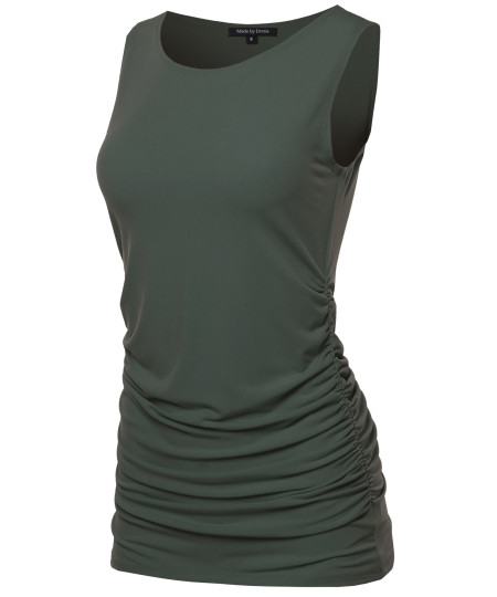 Women's BASIC SOLID SIDE RUCHED SLEEVELESS  TUNIC TOP