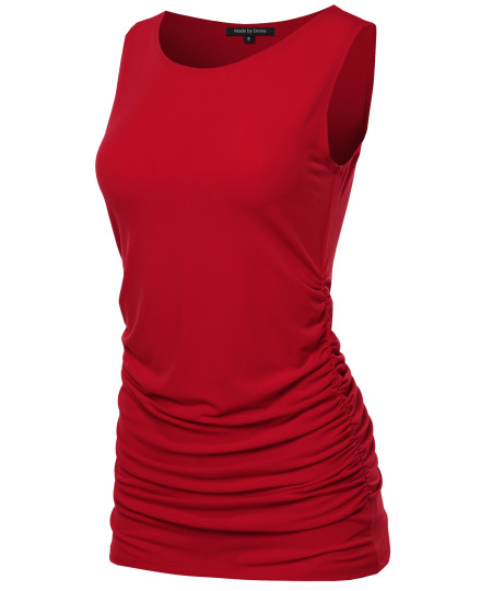 Women's BASIC SOLID SIDE RUCHED SLEEVELESS  TUNIC TOP