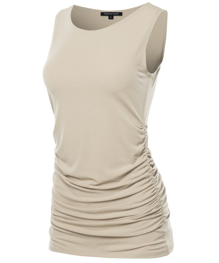 Women's BASIC SOLID SIDE RUCHED SLEEVELESS  TUNIC TOP