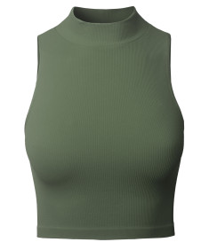 Women's Solid Stretch Ribbed Sleeveless Mock Neck Crop Top