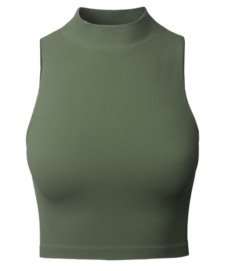 Women's Solid Stretch Ribbed Sleeveless Mock Neck Crop Top