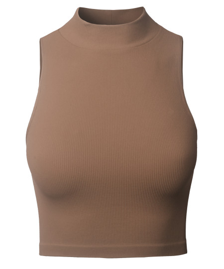 Women's Solid Stretch Ribbed Sleeveless Mock Neck Crop Top