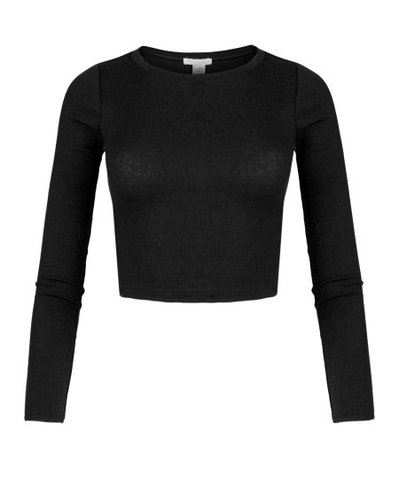 Women's Solid Basic Long Sleeve Ripped Crew Neck Crop Top