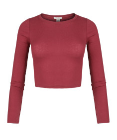 Women's Solid Basic Long Sleeve Ripped Crew Neck Crop Top