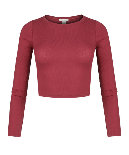 Women's Solid Basic Long Sleeve Ripped Crew Neck Crop Top