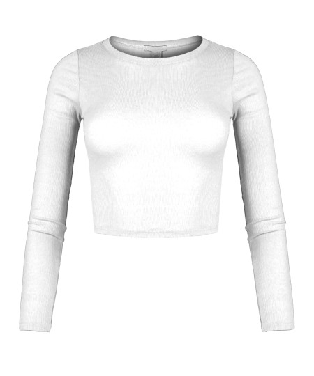 Women's Solid Basic Long Sleeve Ripped Crew Neck Crop Top