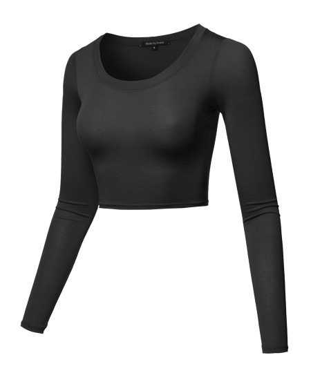 Women's Casual Cute Sexy Junior Size Basic Solid Long Sleeve Crop Top