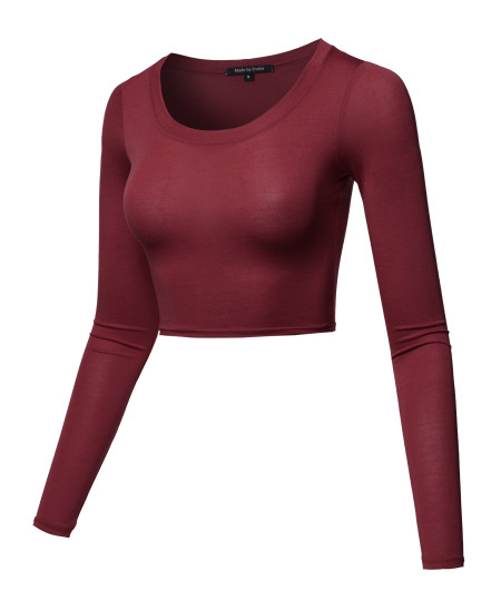 Women's Casual Cute Sexy Junior Size Basic Solid Long Sleeve Crop Top