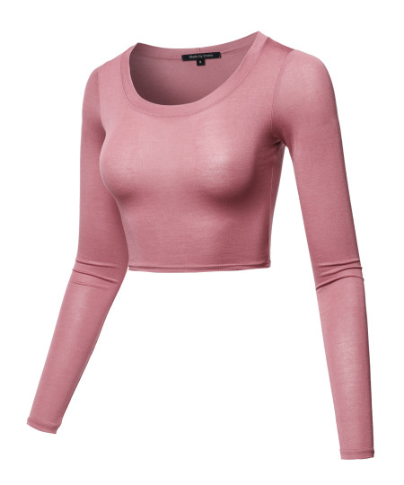 Women's Casual Cute Sexy Junior Size Basic Solid Long Sleeve Crop Top