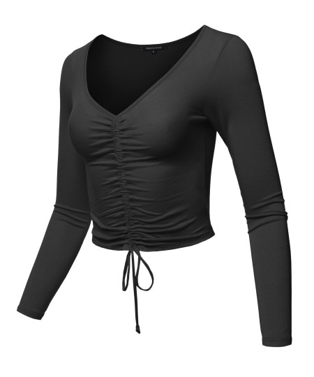 Women's Causal Cute Sexy Solid Ruched Tie Front Drawstring Long Sleeve Crop Top