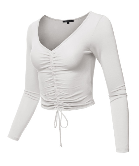 Women's Causal Cute Sexy Solid Ruched Tie Front Drawstring Long Sleeve Crop Top